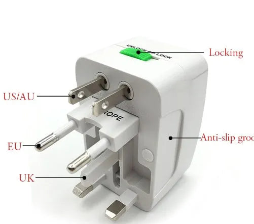 Universal travel plug adapter for multiple countries measuring 73x50x39mm