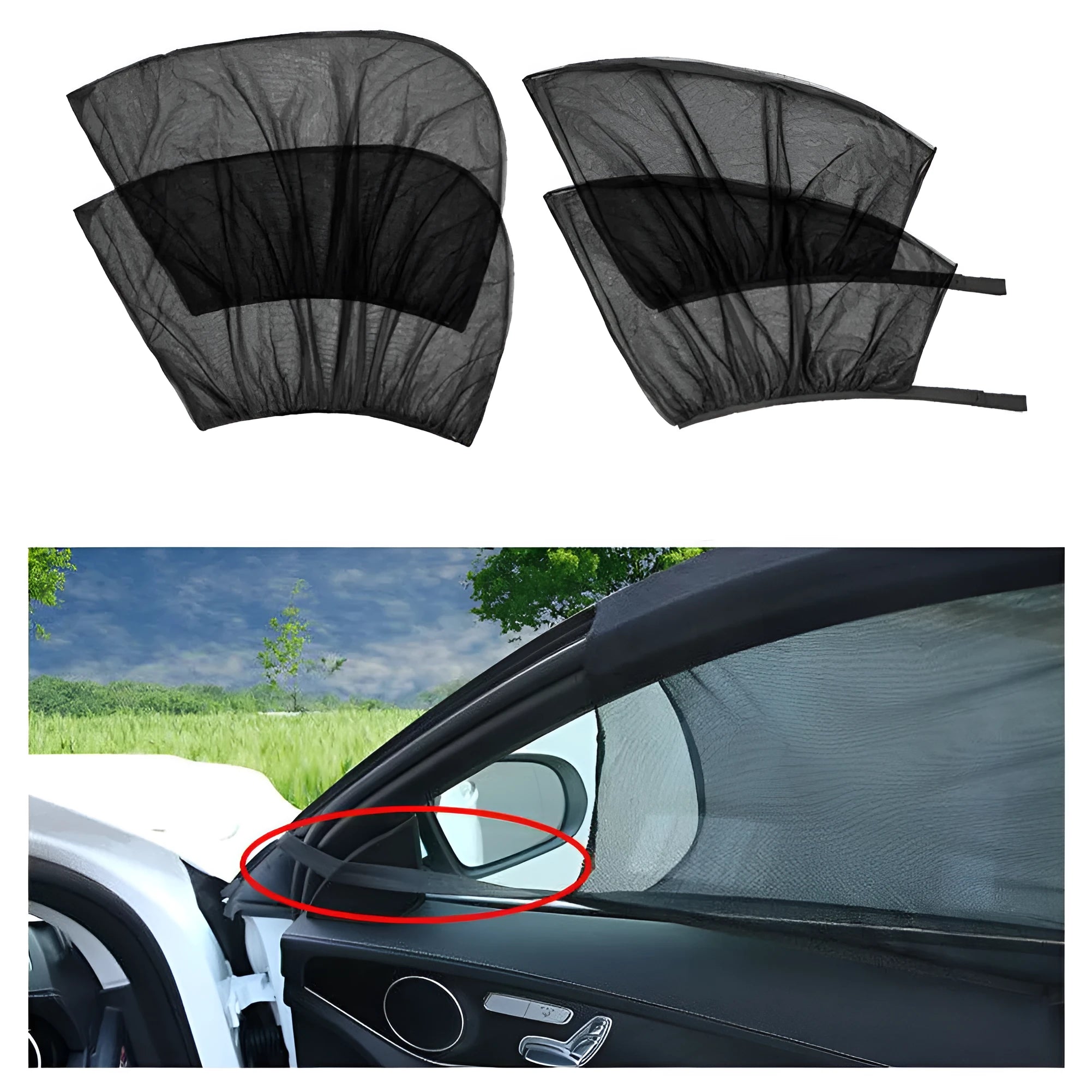 Set of grey non-woven fabric car side window sunshades with elastic edges on a car window.