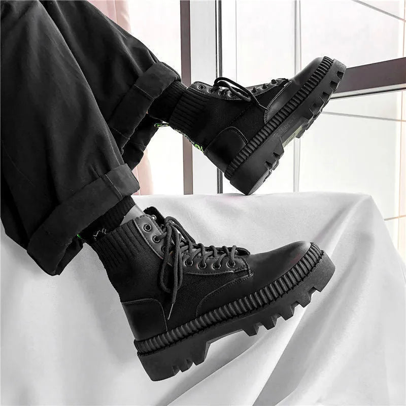 Men's black high-top platform boots with a side zip and frosted cowhide leather upper.