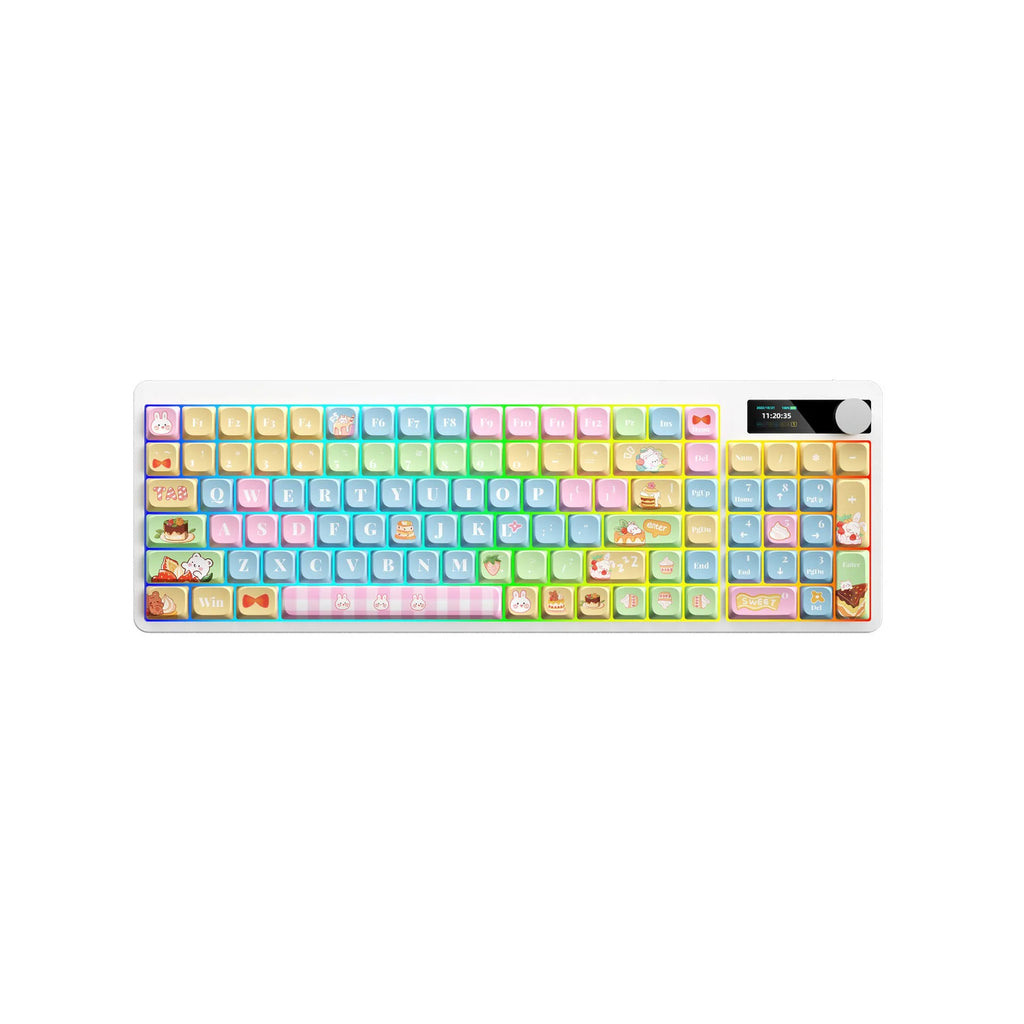 Black mechanical keyboard with RGB backlight showing candy planet red axis colour option