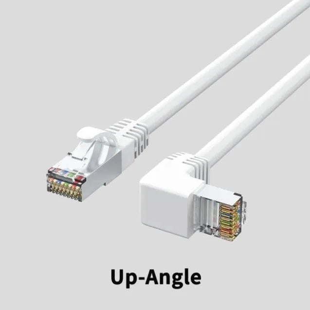 Cat6 Ethernet cable with right-angled metal RJ45 connectors in various colours including black, white, orange, and yellow.