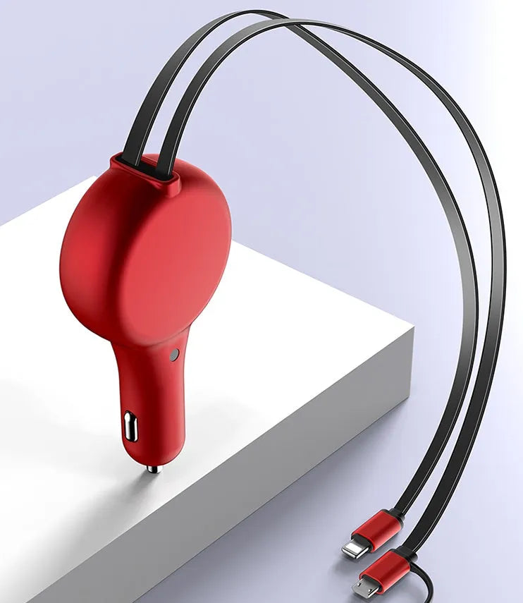 Retractable dual fast car charger with QC3.0 and PD outputs shown in vehicle cigarette lighter socket