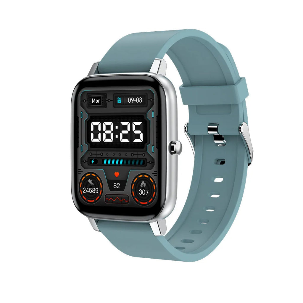 H80 smart watch with black silicone strap showing ECG and blood oxygen readings on its round screen.