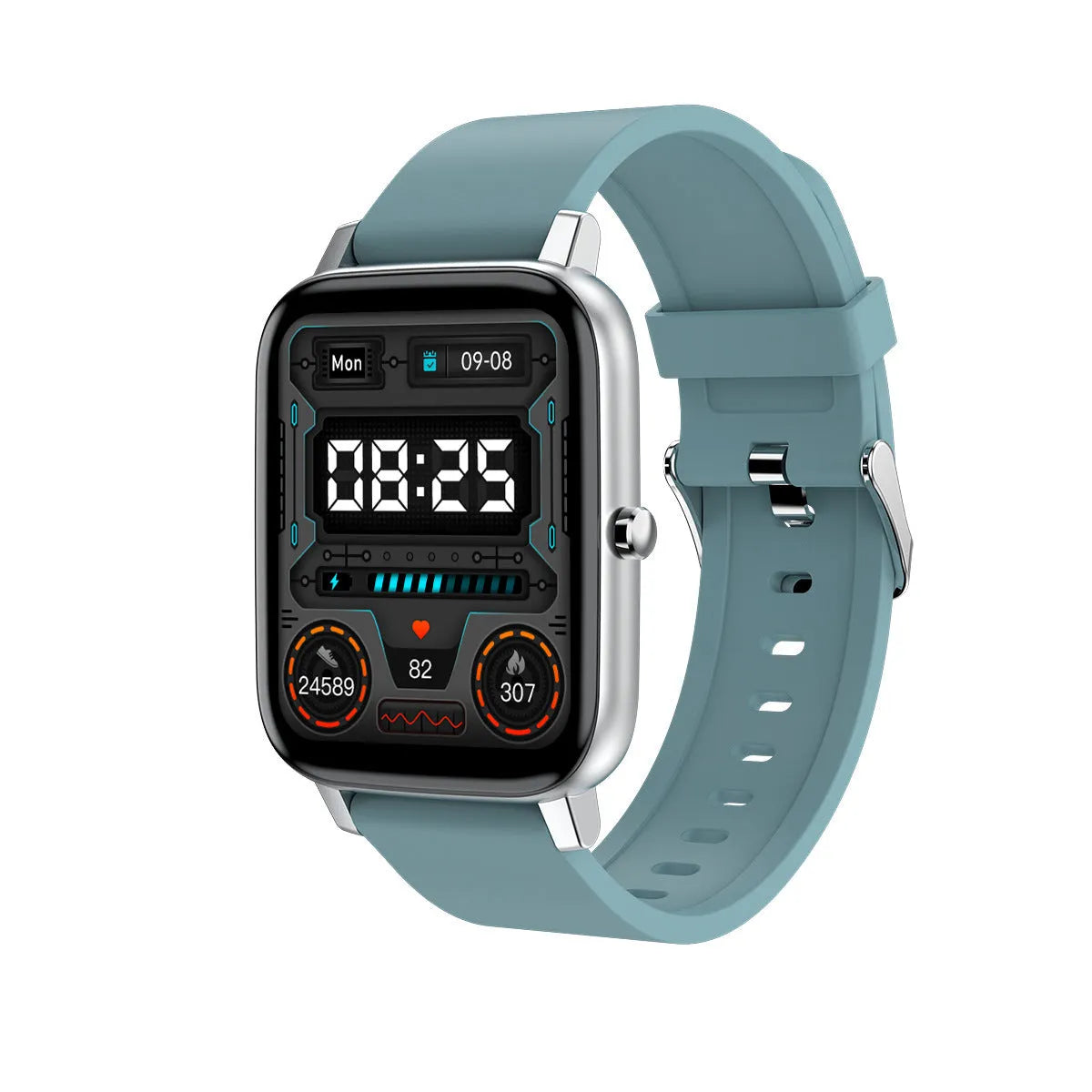 H80 smart watch with black silicone strap showing ECG and blood oxygen readings on its round screen.