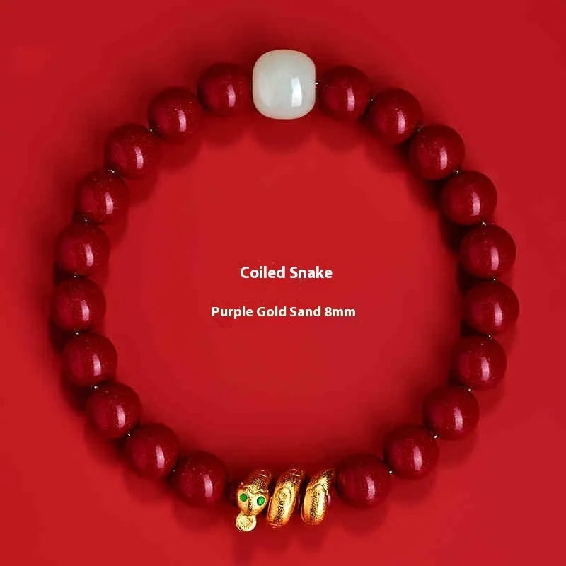 Handmade Chinese snake year cinnabar bracelet with snake beads in traditional zodiac design