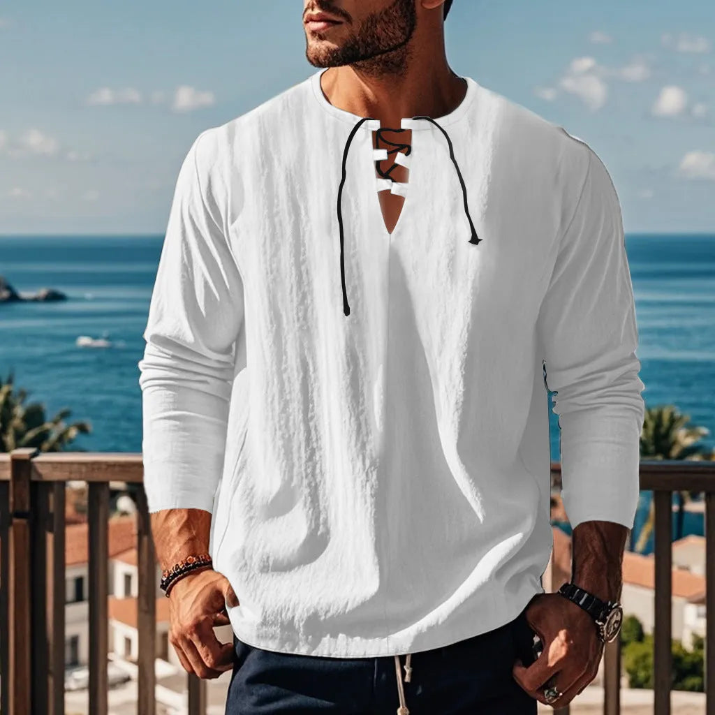 Cotton linen beach shirt in solid colour with loose pullover design showing size options