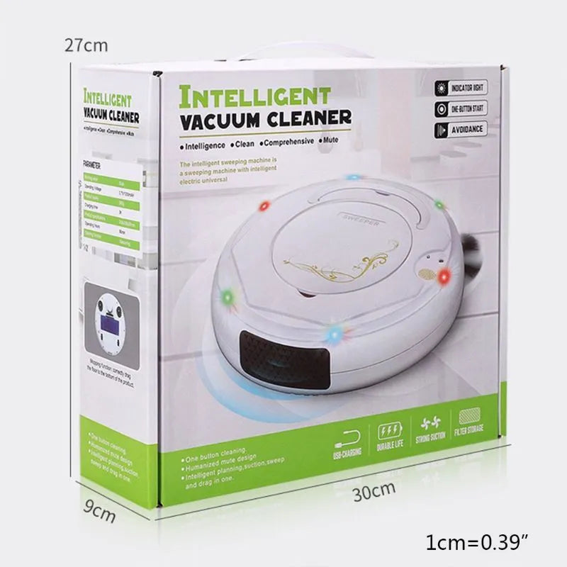 Blue robotic vacuum cleaner on a wooden floor next to its charging cable and accessories.