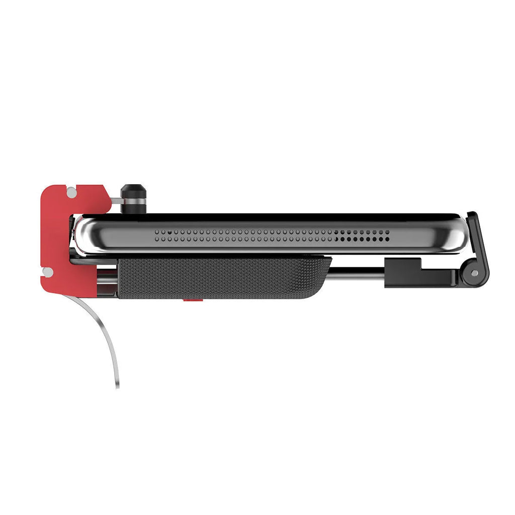 Black mobile phone gaming trigger bracket with adjustable sliding metal trigger and telescopic phone clip