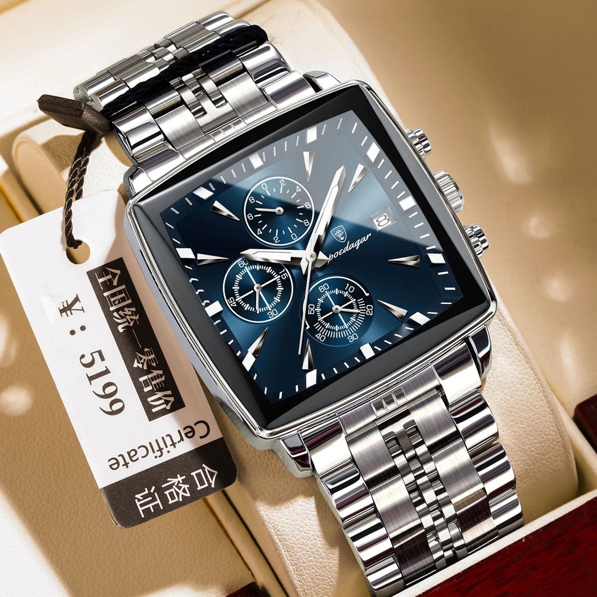 Men's square business watch with stainless steel strap and mineral glass on wrist