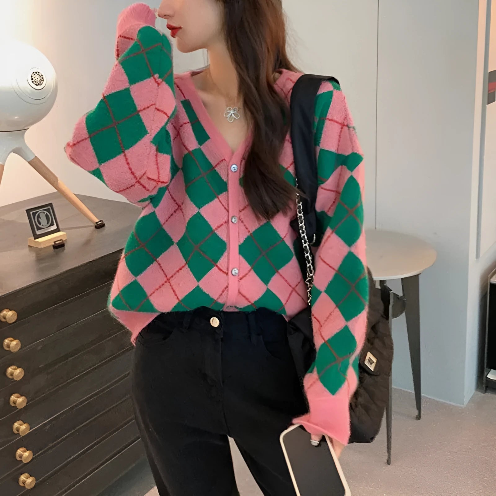 Knitted casual cardigan coat in macaron colours including pink, green, black, dark khaki, and light khaki