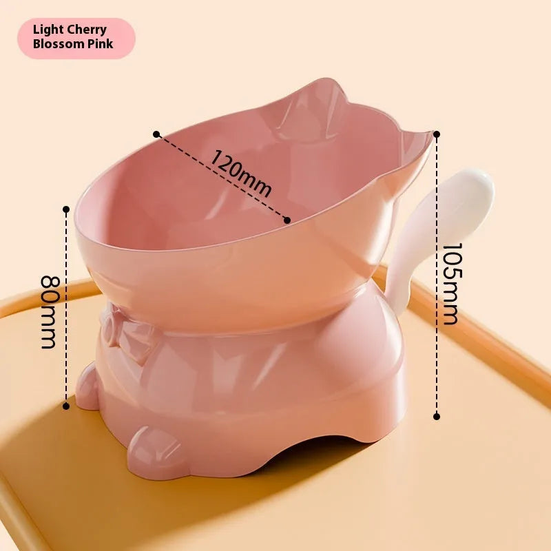 Stainless steel slanted cat bowl with non-slip base in black, blue, pink, and yellow colour options.