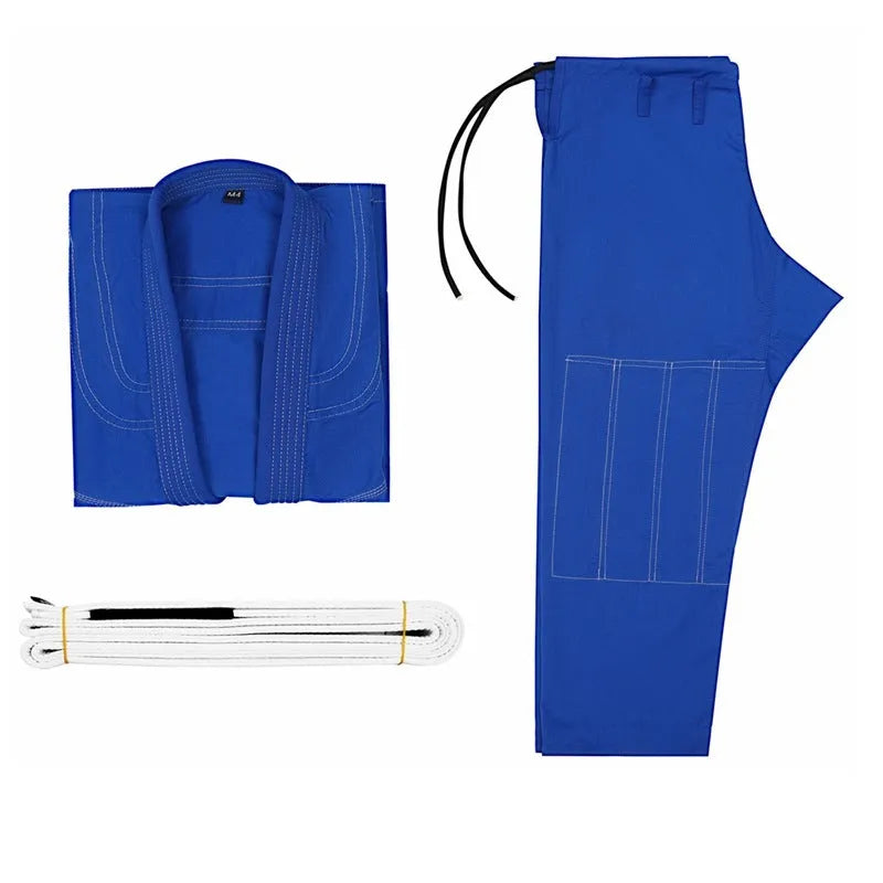Brazilian Jiu-jitsu gi uniform set in cotton blend fabric showing colour options black, blue, gray, rose red, and white.