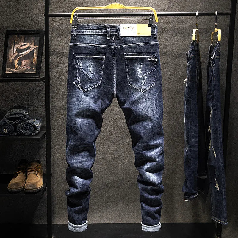Men's slim-fit skinny jeans in dark blue denim with micro elasticity and mid-rise waist
