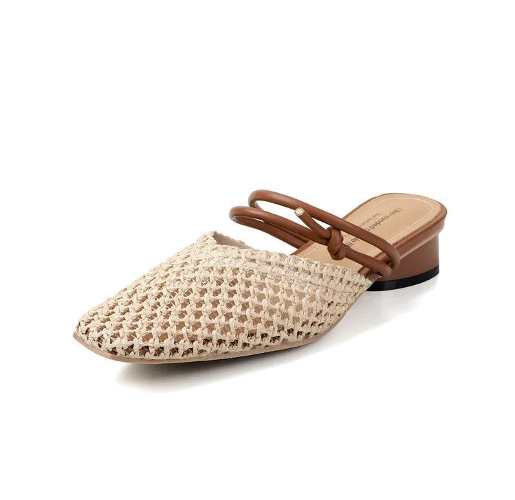 Women's black square toe slippers with hollow-out design and a thick chunky heel