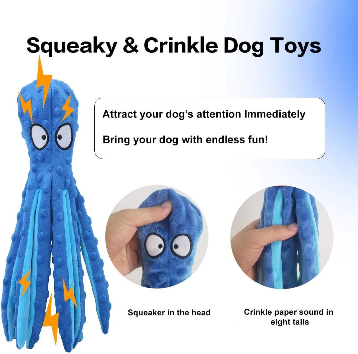 Blue octopus dog toy with squeaker and crinkle sounds for interactive play