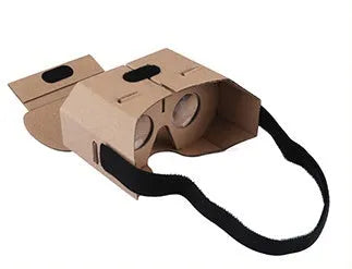 Corrugated cardboard virtual reality glasses for smartphones showing 3D content.