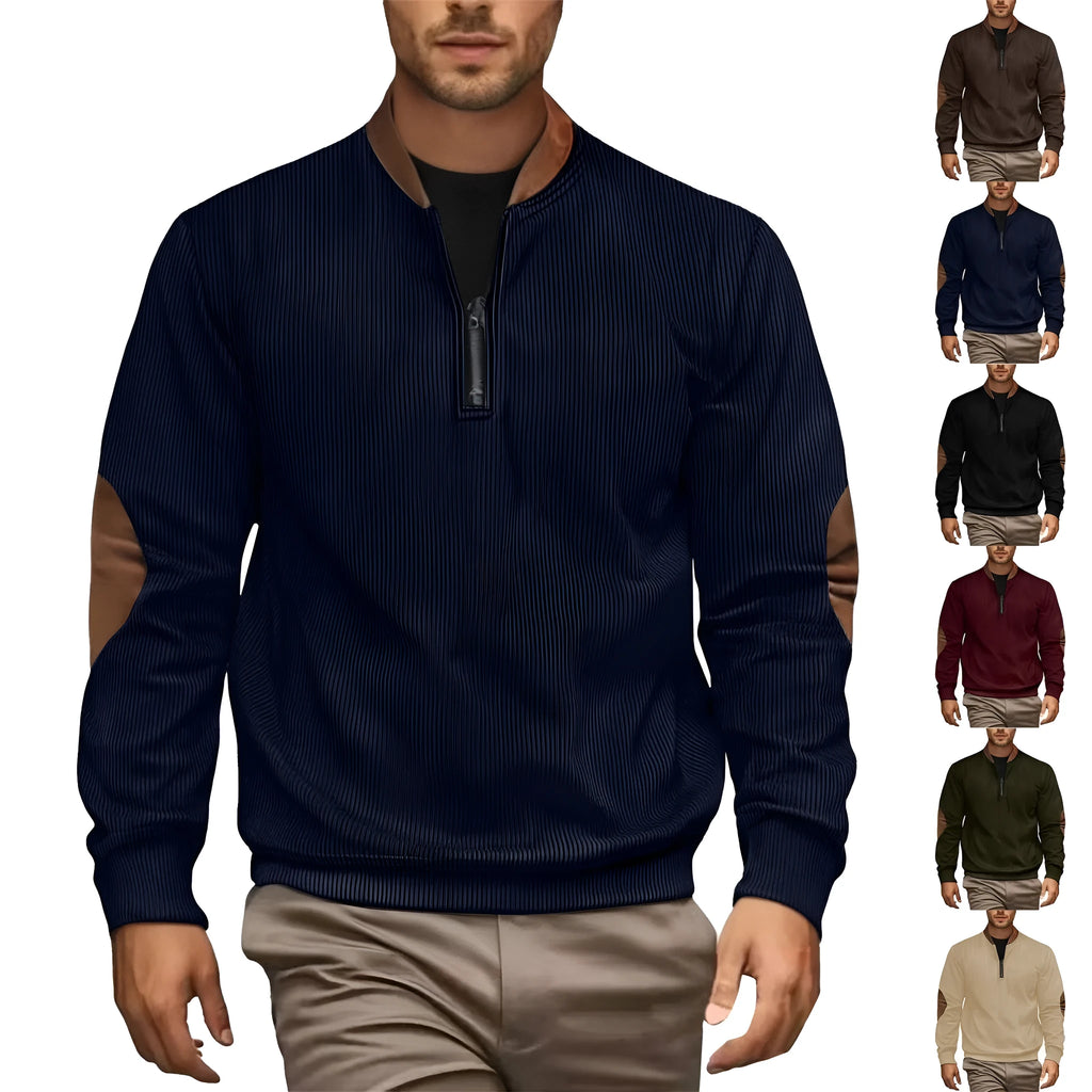 Men's casual corduroy pullover zip-up jacket shirt in khaki, no hood, long sleeves, front view