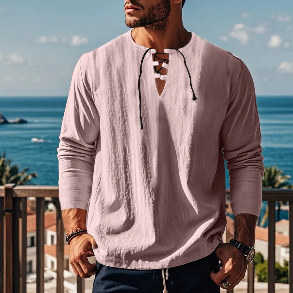 Cotton linen beach shirt in solid colour with loose pullover design showing size options