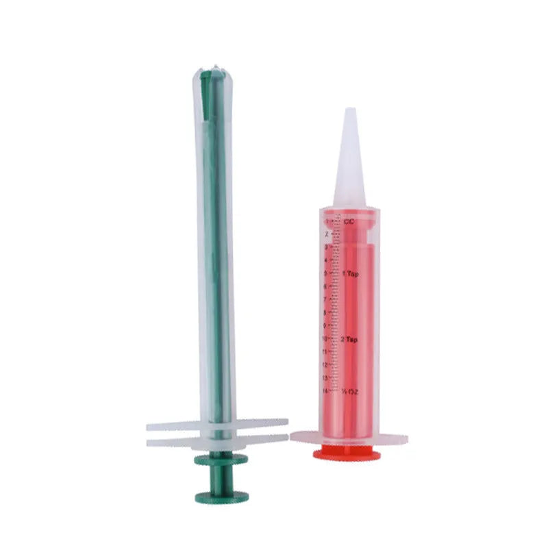 Two silica gel pet pill shooters for cats and dogs, showing soft tip and push rod.