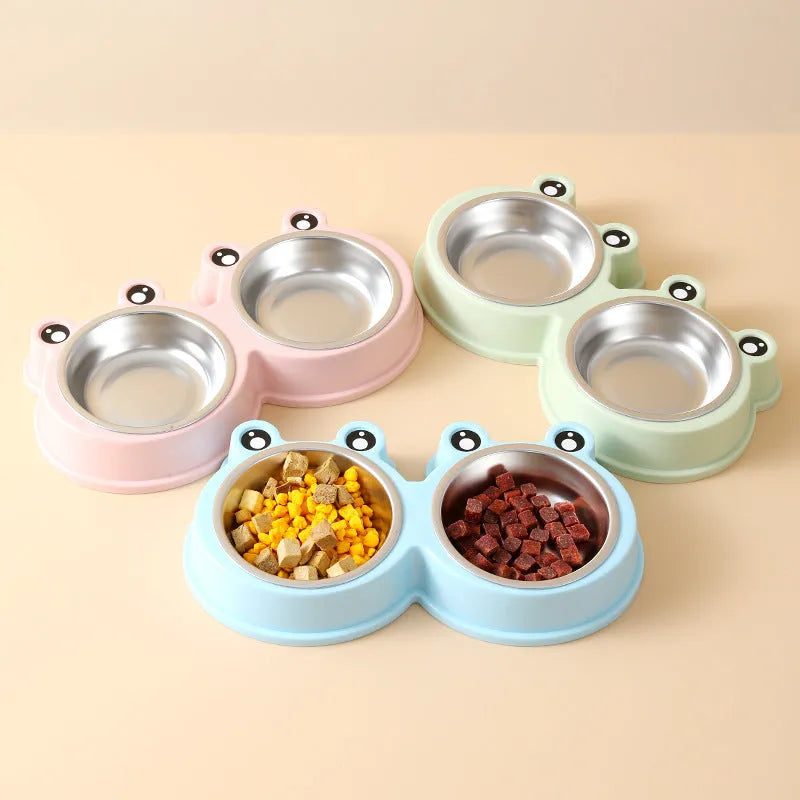 Frog-shaped double pet bowl with stainless steel interior for food and water, in blue