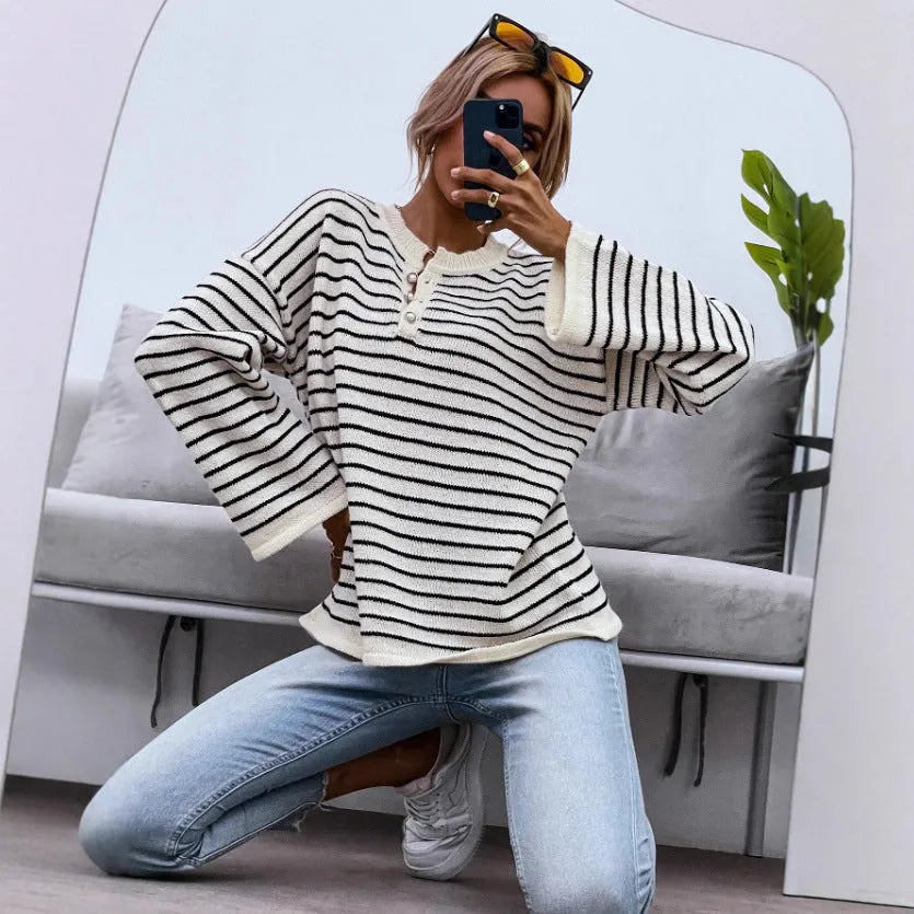 Women's black striped knitted top with contrast colour and drop-shoulder sleeves