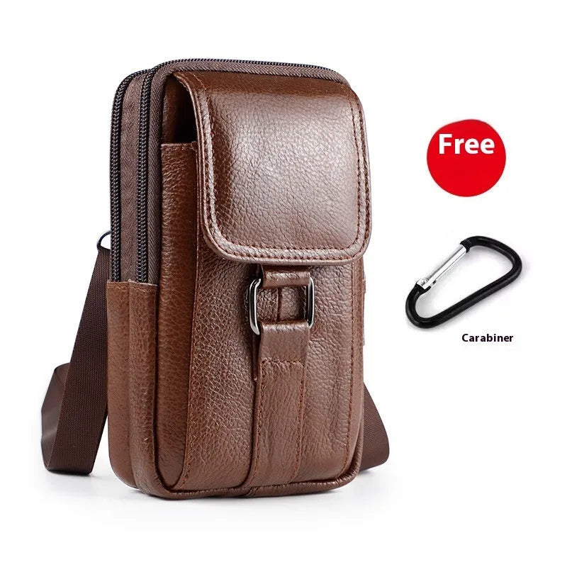 Men's genuine leather multi-functional crossbody waist bag in vertical square shape with lock fastening