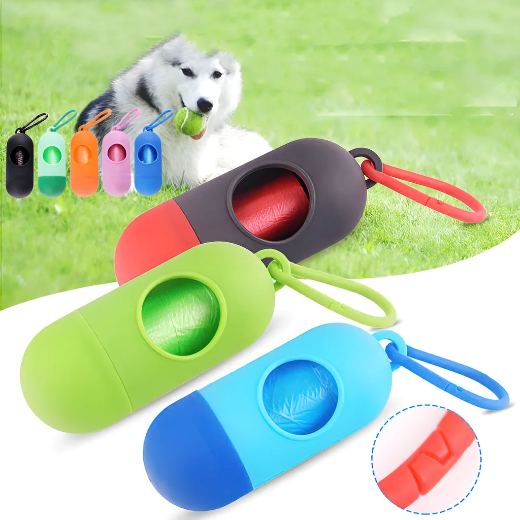 A compact black dog poop bag holder with a side hook and Velcro strap, shown next to a roll of waste bags.