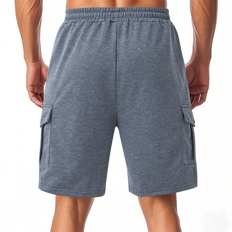 Men's heavy loose cargo shorts in terry fabric with multiple pockets in light grey colour