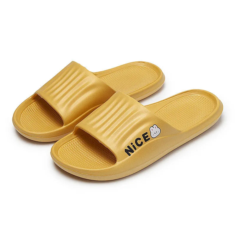 Minimalist cartoon pattern EVA flip flop slippers for household wear, shown in multiple colours.