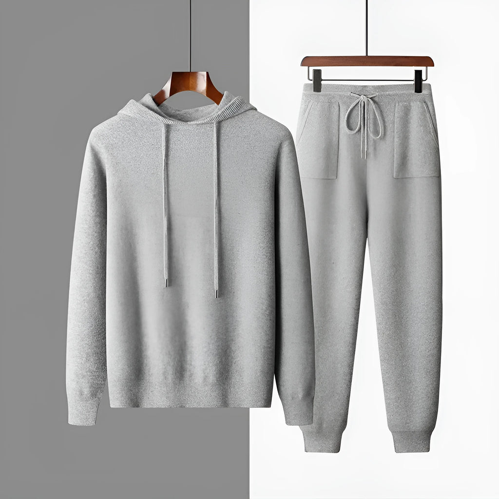 Men's light grey cashmere hoodie and pants casual winter set laid flat
