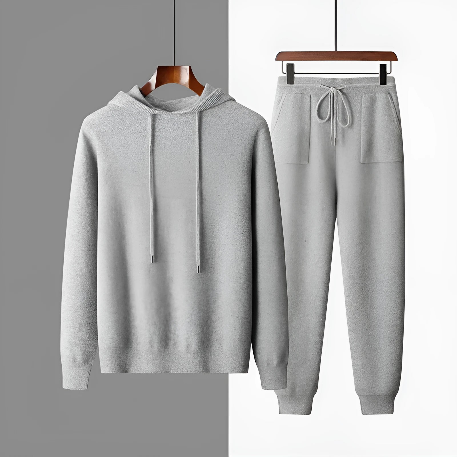 Men's light grey cashmere hoodie and pants casual winter set laid flat