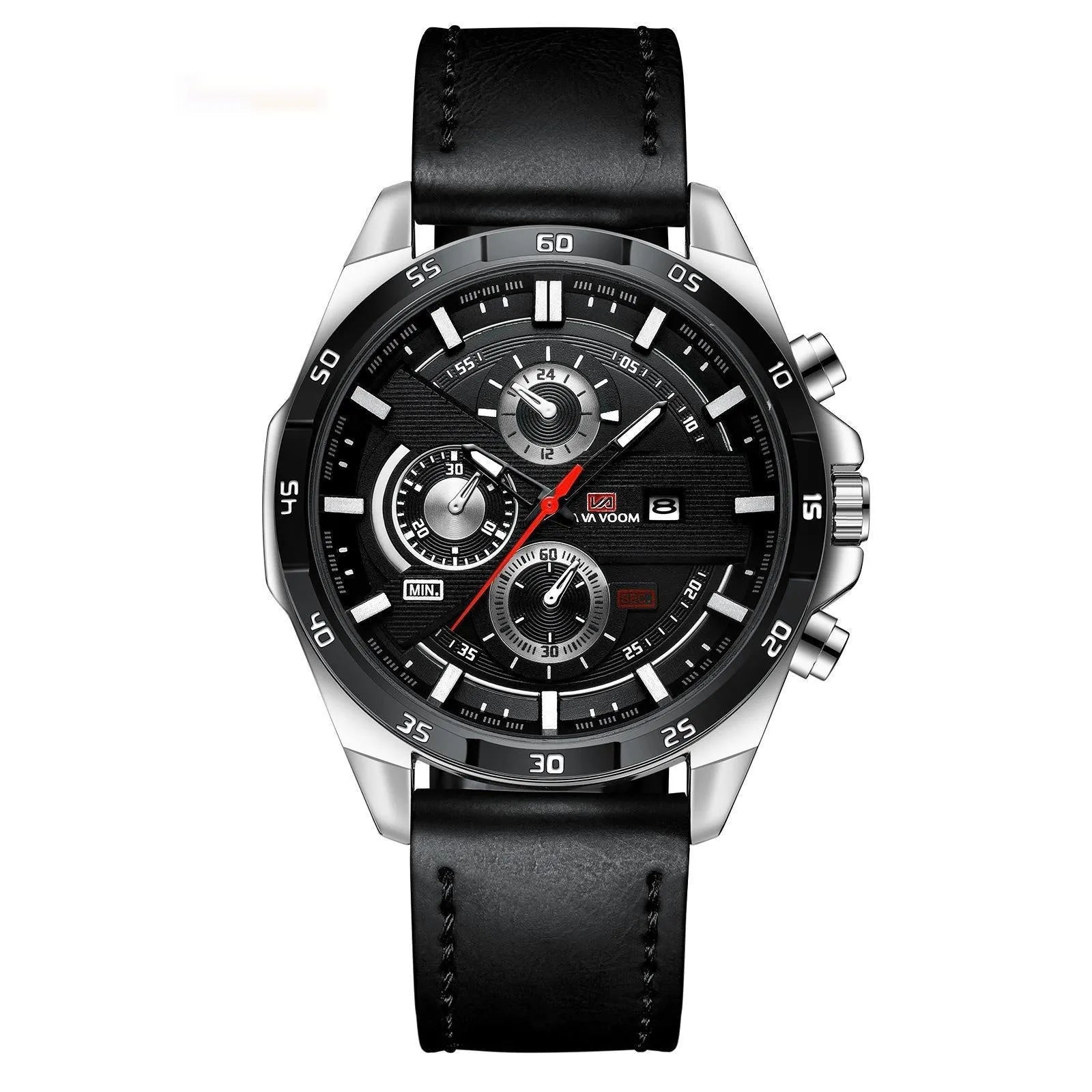 Men's casual quartz watch with leather strap and metal case in various colour combinations