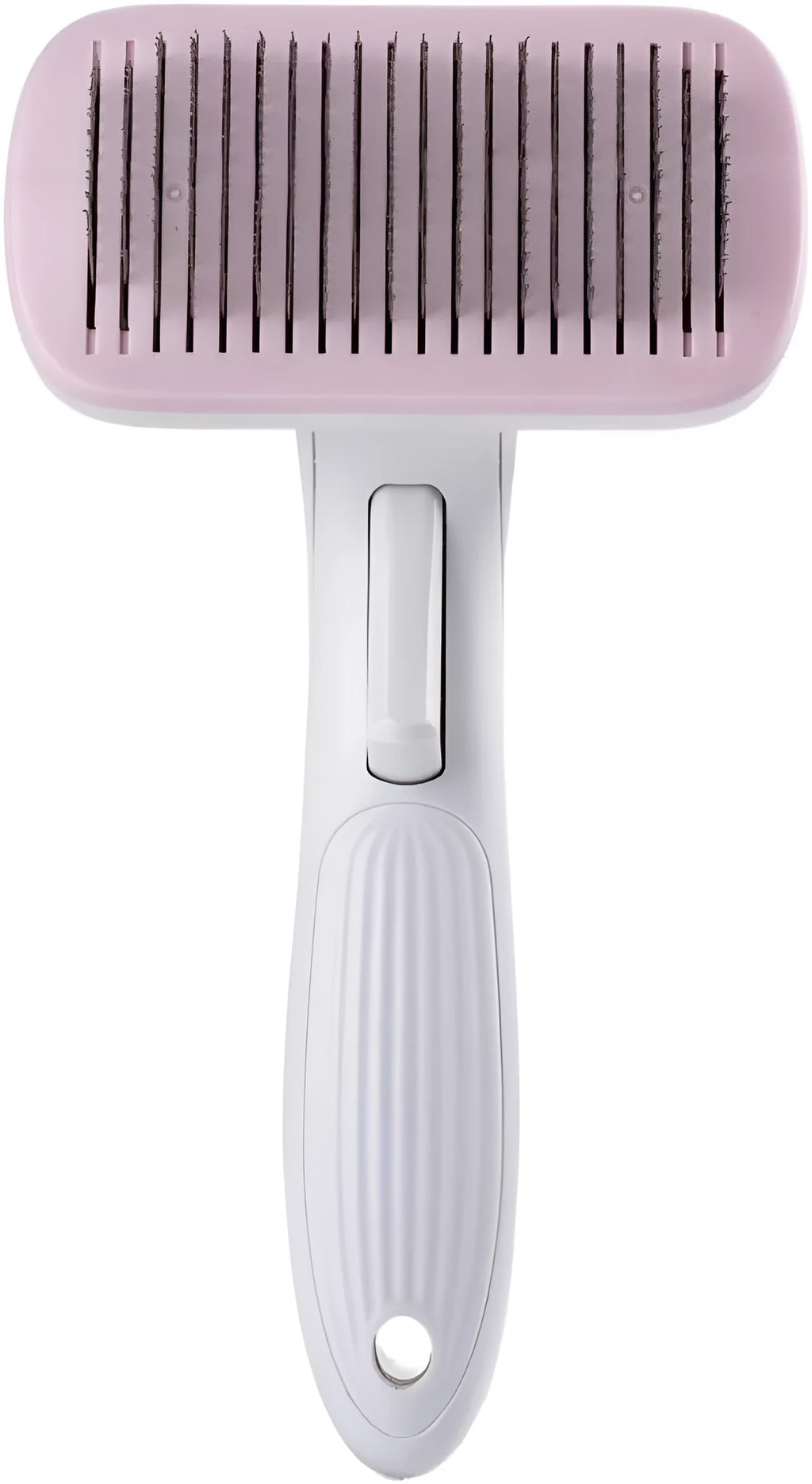 Automatic pet hair removal comb for dogs and cats showing colour options and dimensions