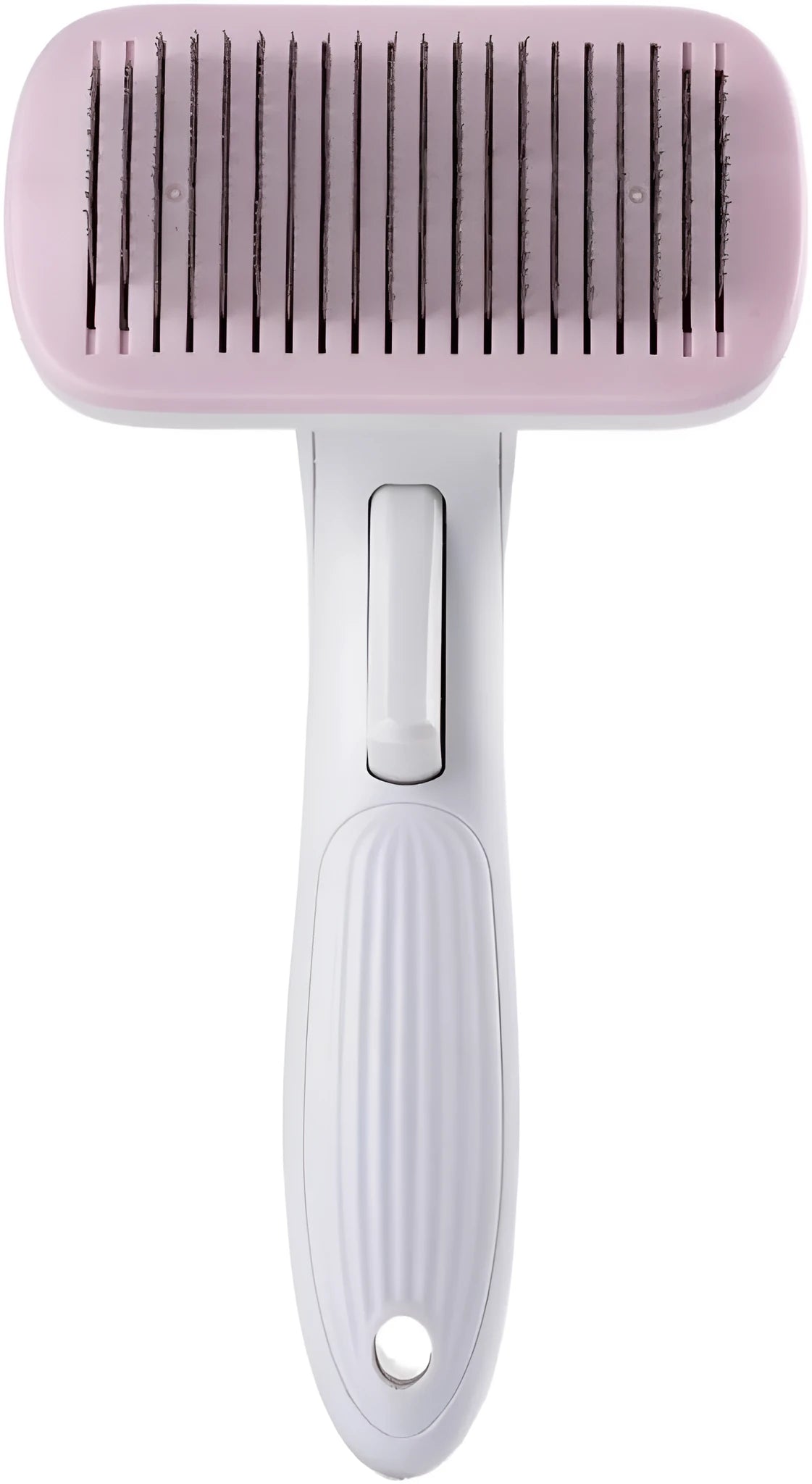 Automatic pet hair removal comb for dogs and cats showing colour options and dimensions