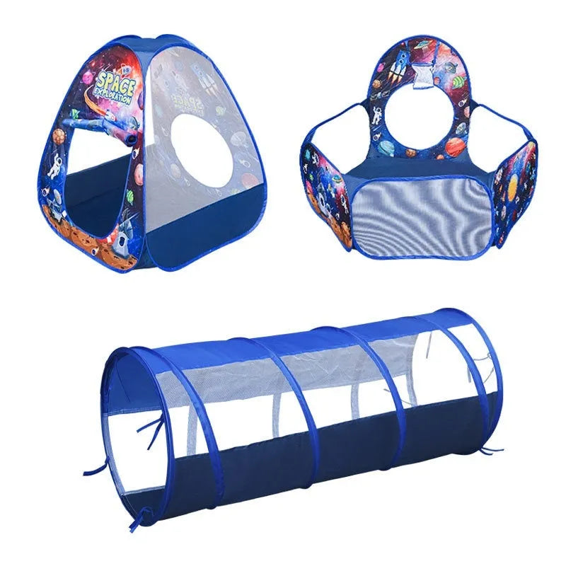 Children's three-in-one play tent with tunnel and ball pool in a cartoon submarine design.