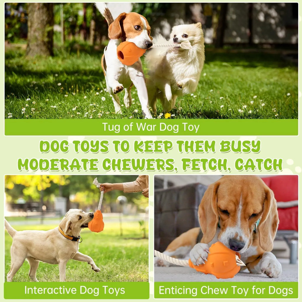 Natural rubber stuffable dog chew toy with longer strap for fetch and treat dispensing.