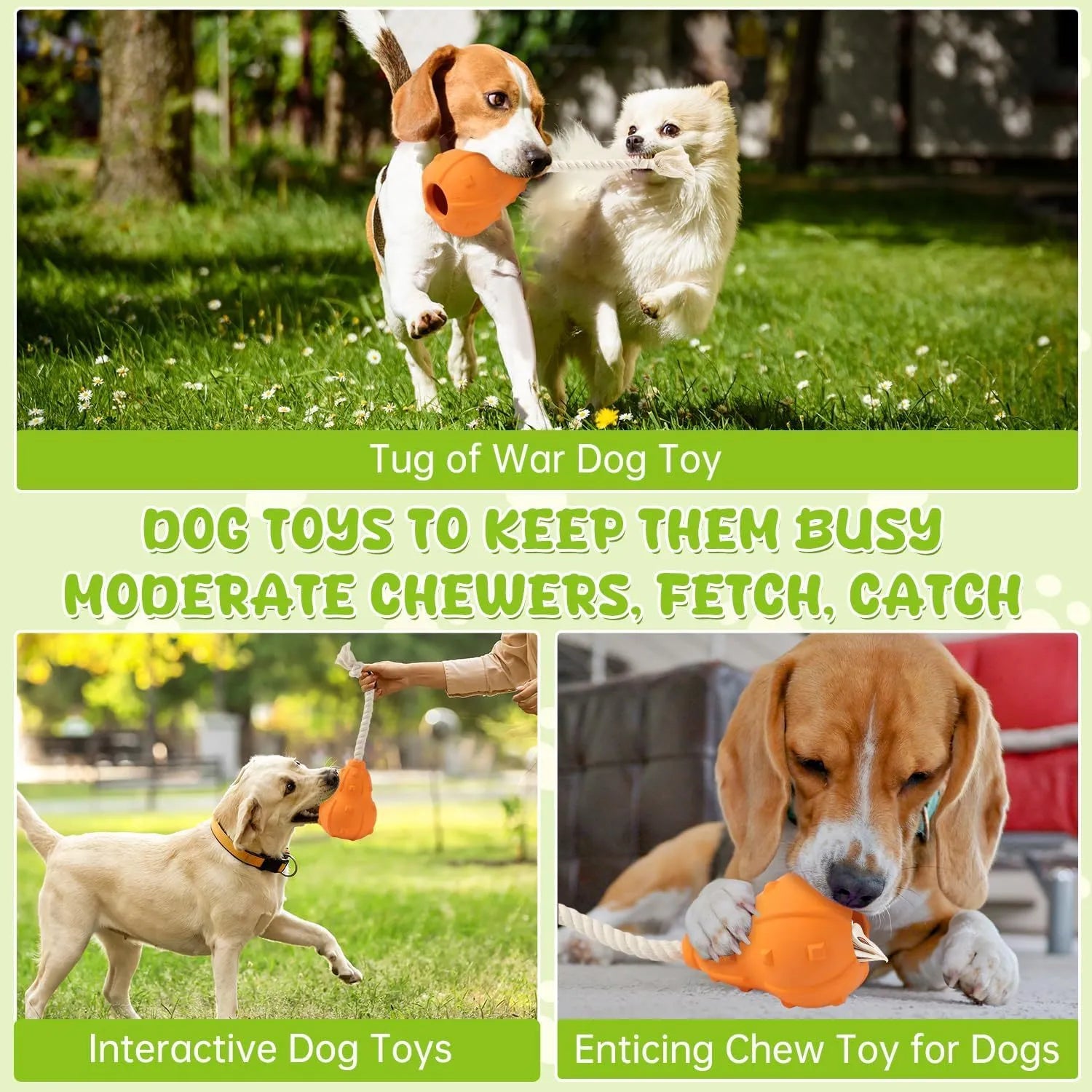 Natural rubber stuffable dog chew toy with longer strap for fetch and treat dispensing.