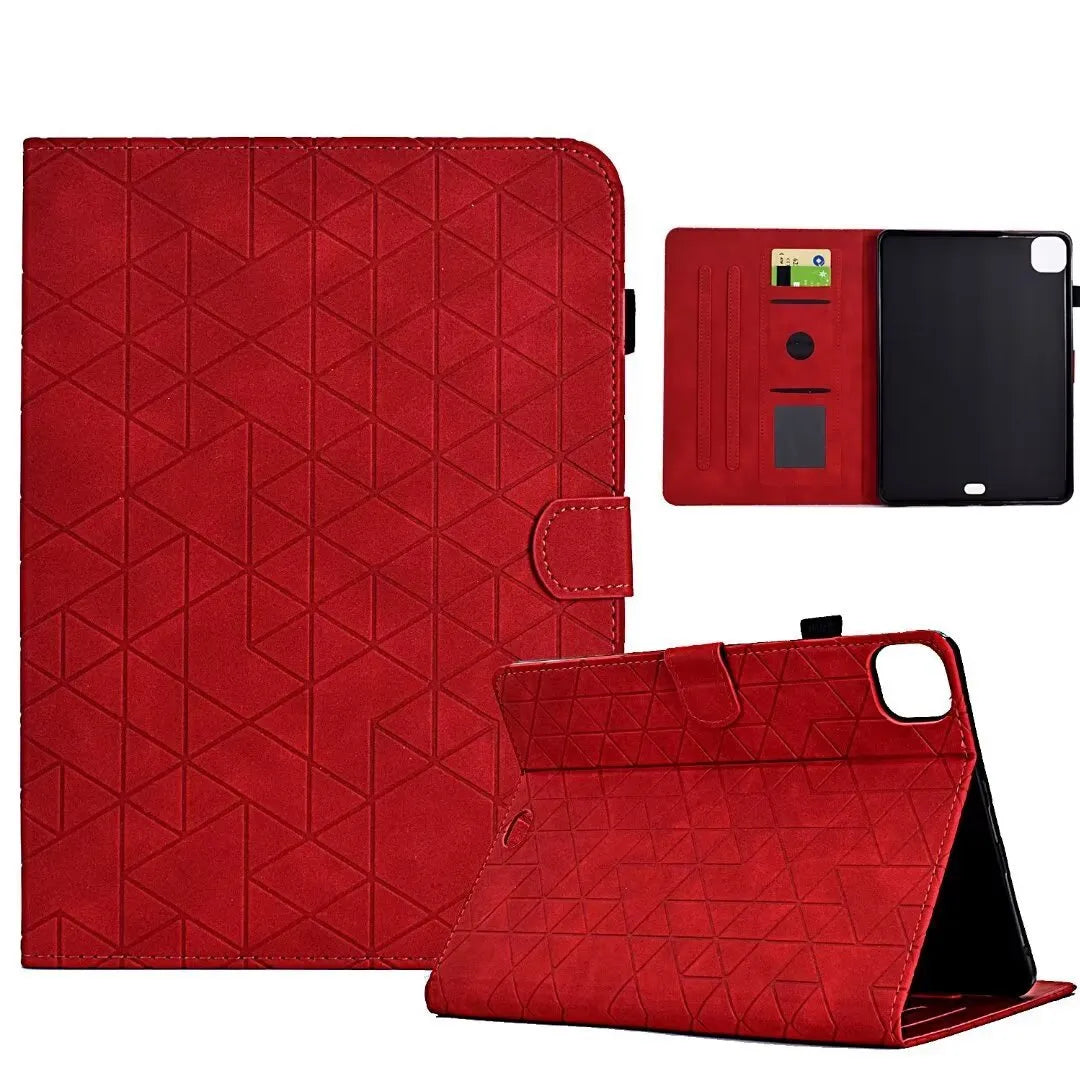iPad Pro 11 leather case with card holder in diamond embossed green pattern, showing stand function.