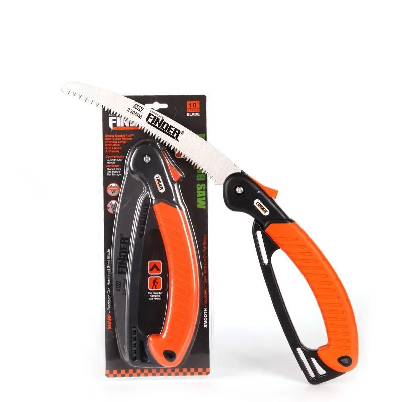230mm folding garden hand saw with a black TPR grip and silver steel blade shown open and closed.