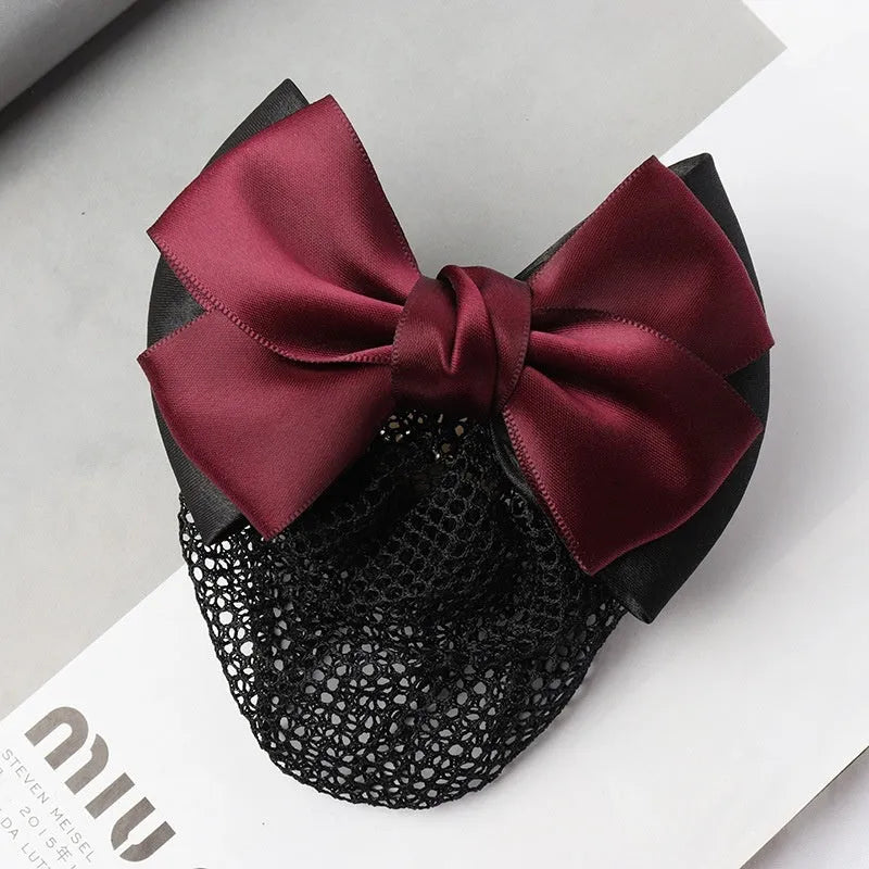 Professional hair clip headdress with flower bow net pocket in multiple colour variations