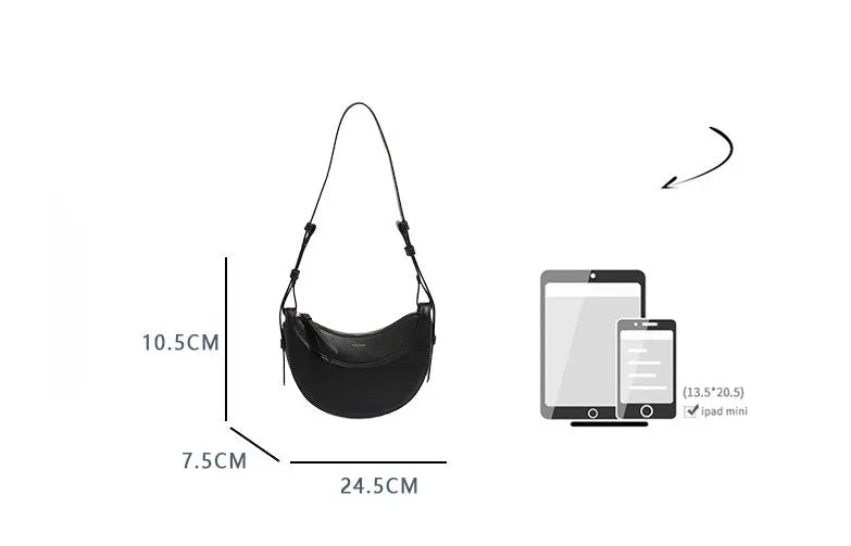 Women's crescent shoulder bag with litchi pattern texture, available in camel, black, chalk white, and elephant gray