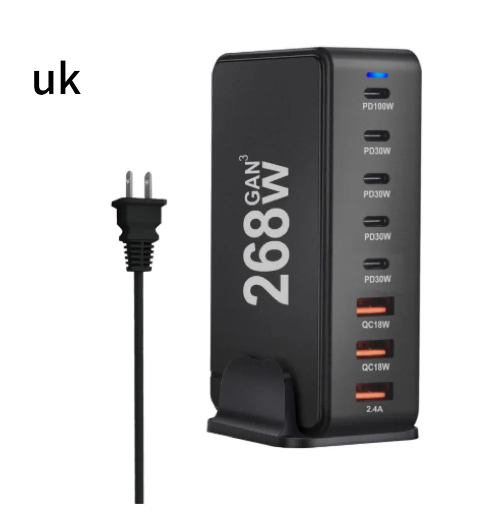 268W gallium nitride desktop charger with eight ports, white colour, Type-C and USB-A connections
