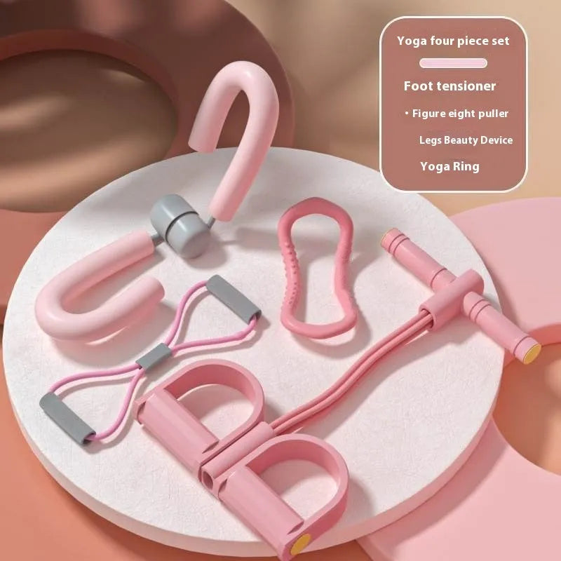Yoga four piece fitness set showing leg stretcher, pedal puller, yoga ring, and tension rope.