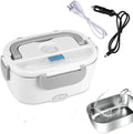 Grey plastic electric lunch box with stainless steel inner liner showing mechanical control dial
