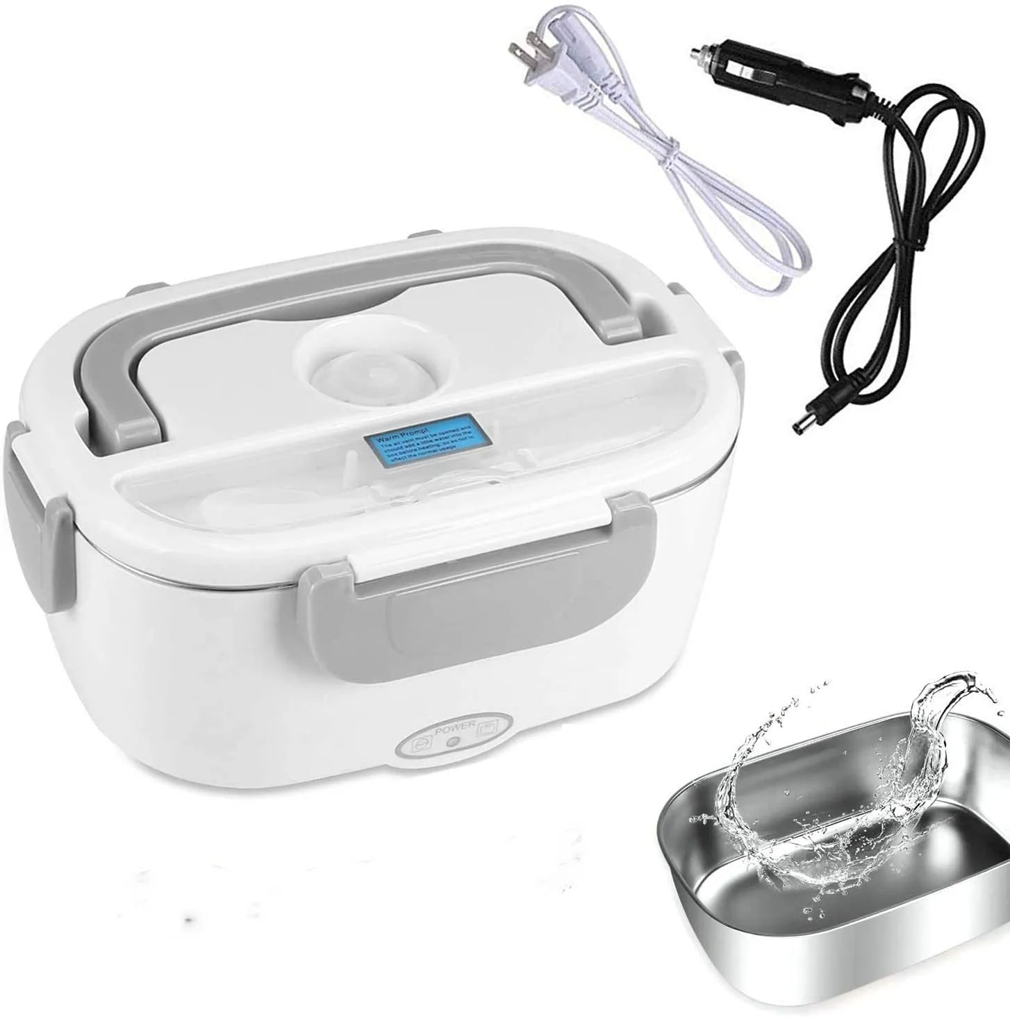 Grey plastic electric lunch box with stainless steel inner liner showing mechanical control dial