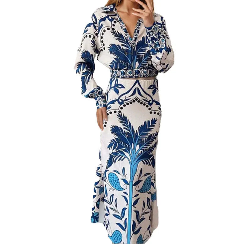 Women's early spring casual outfit set with long sleeve top and long skirt in picture colour.