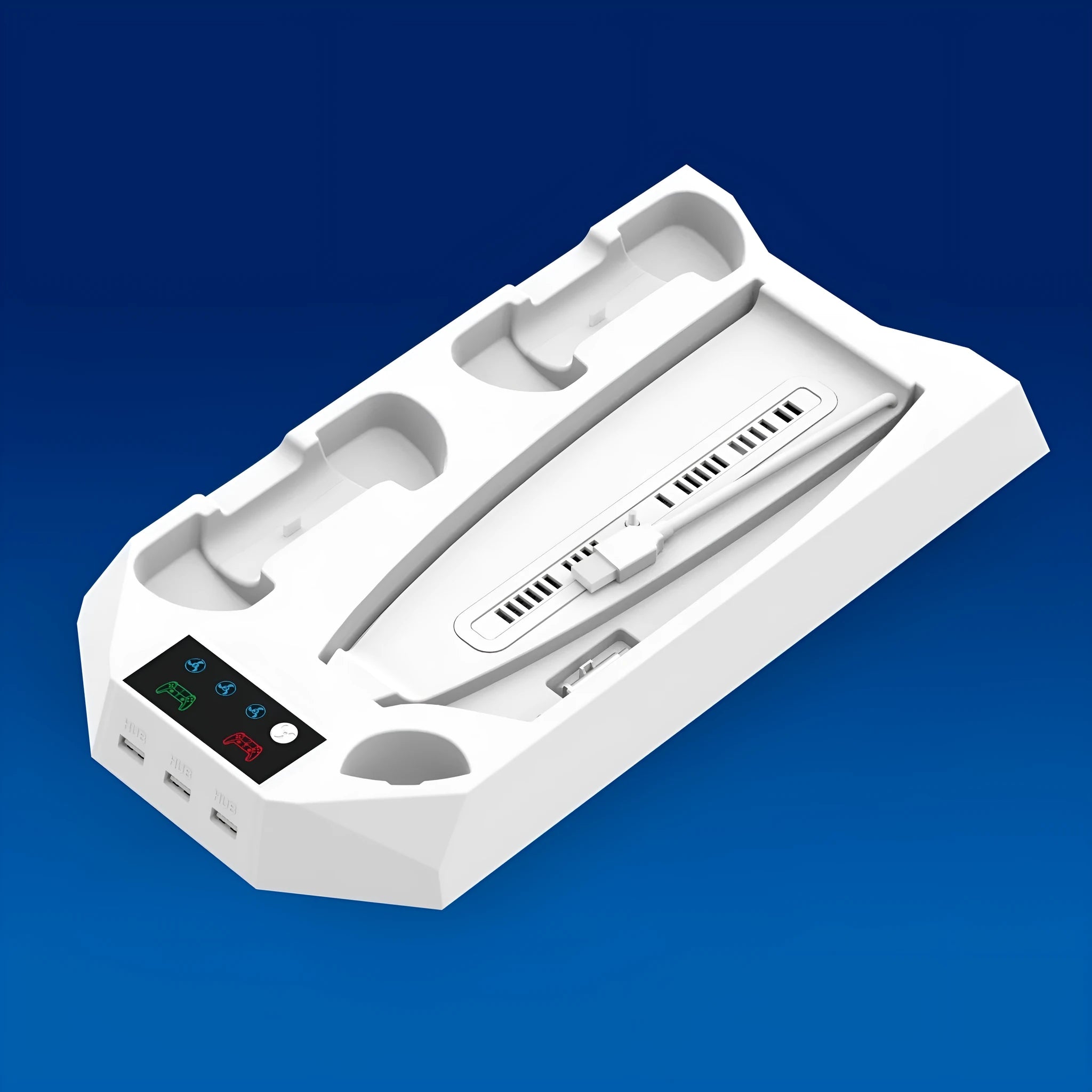 PS5 charging cooling station with dual controller docks and headphone hook in black or white