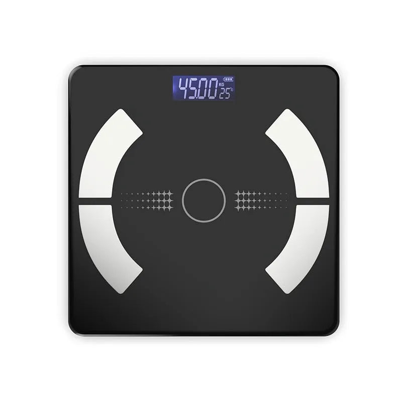 Smart Bluetooth rechargeable body fat scale in white, black or pink colours showing weight, fat, calorie and moisture measurement