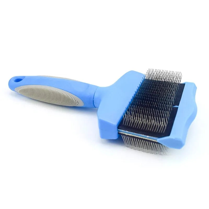 Double-sided pet grooming brush with stainless steel pins and ergonomic handle in blue colour