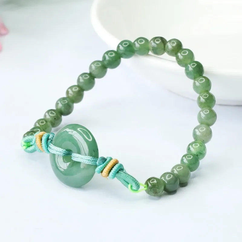 Natural emerald jade safety buckle bracelet with star-shaped buckle, 6mm green beads on adjustable cord
